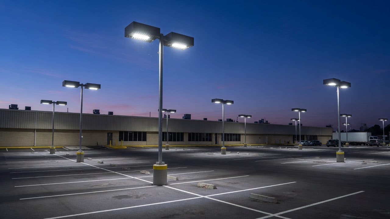 Commercial parking lot at dusk with LED shoe box area lights on poles
