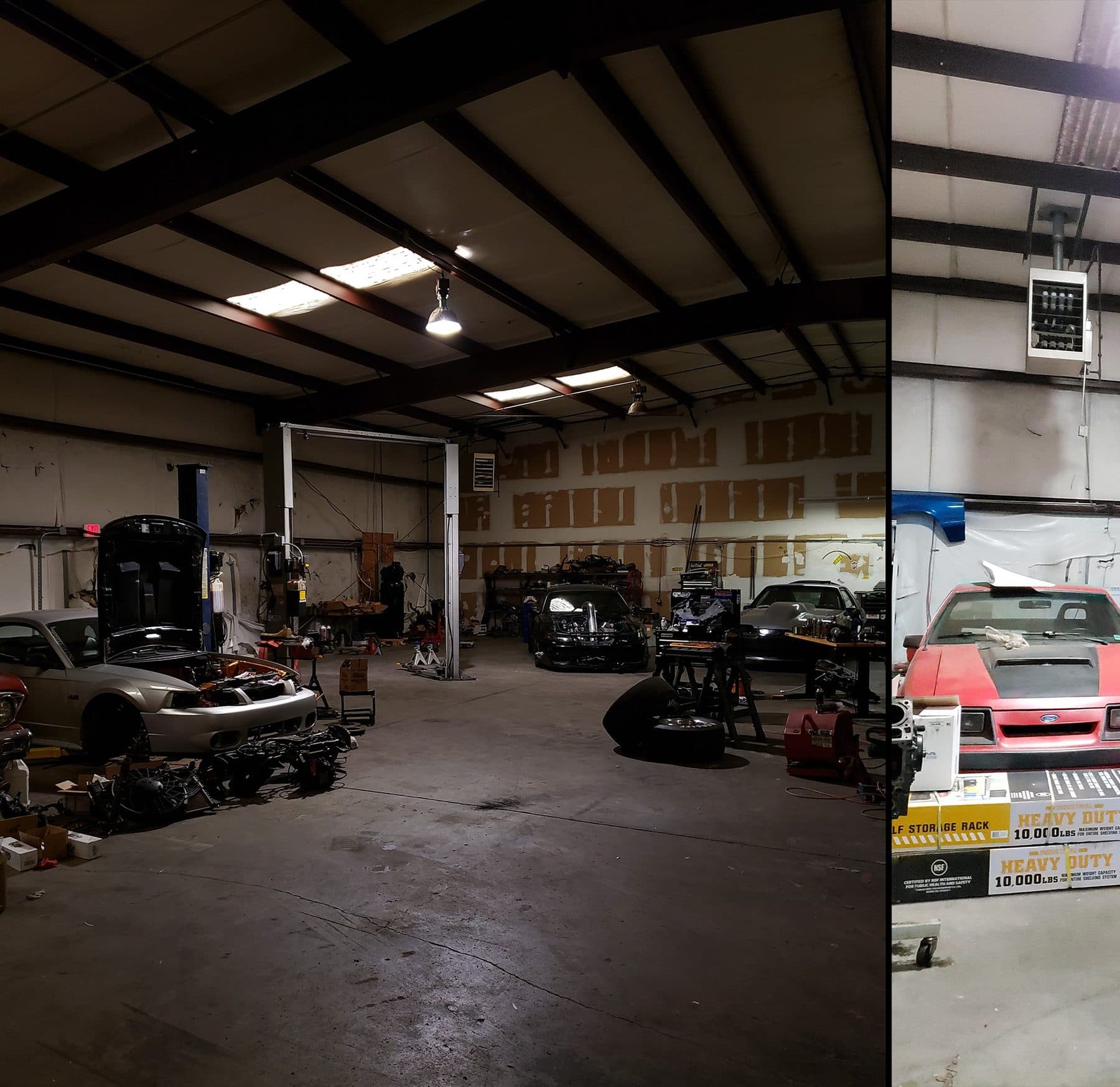 Auto shop before LED upgrade — dim metal halide over bays and lifts