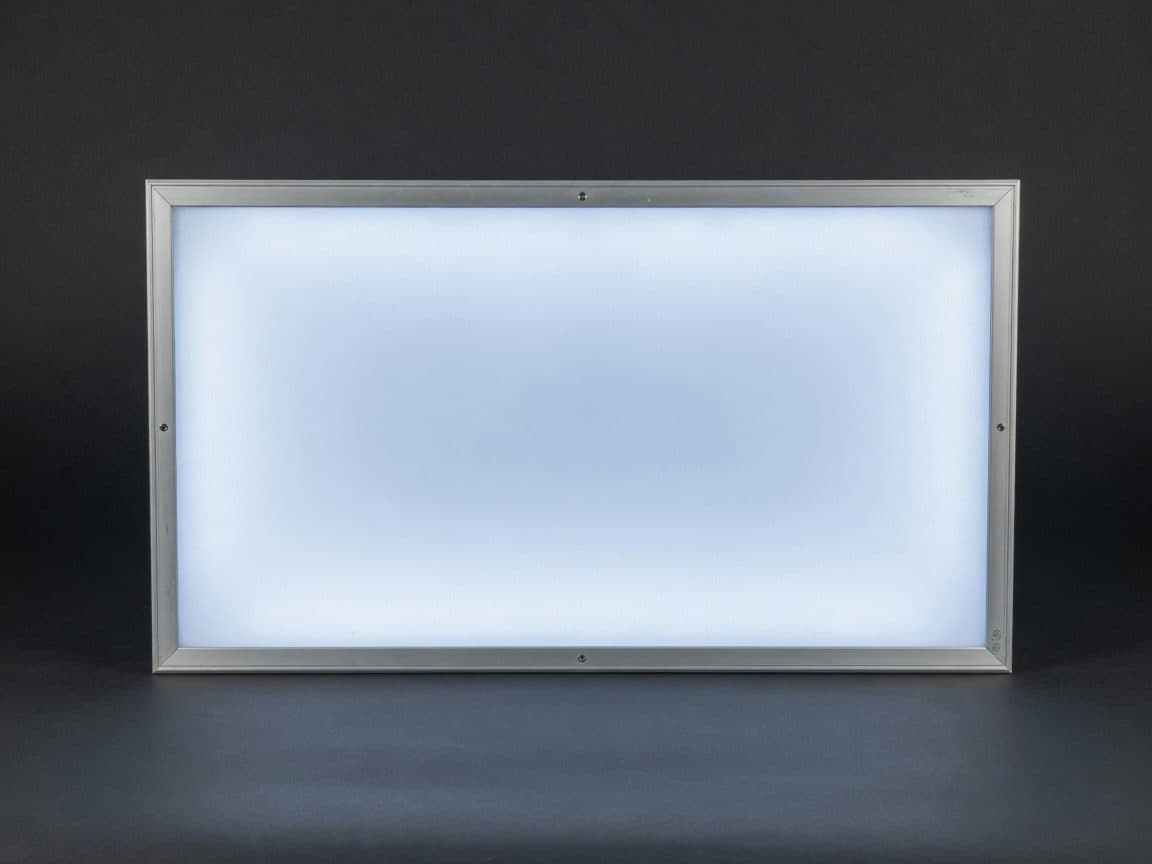 2x4 LED flat panel fixture lit evenly on a dark studio background