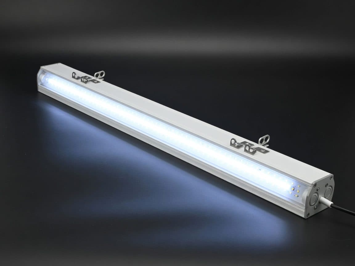 White linear slim LED high bay fixture on a dark studio background
