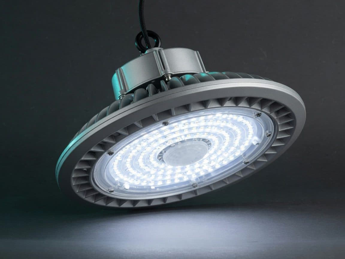 Round UFO LED high bay fixture illuminated against a dark background